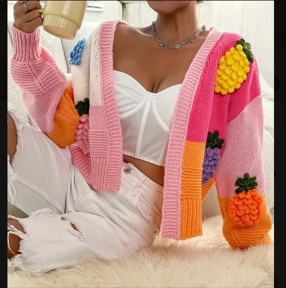 Chunky Knit Open Front Cardigan Sweater Fruit Medley, S,M,L,XL